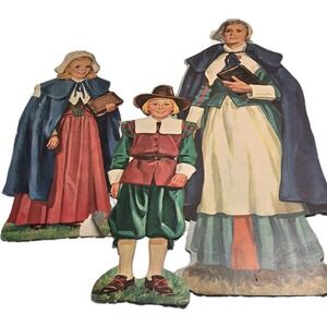 Vintage Dennison Thanksgiving Pilgrim  Women & Children Cardboard Die‎ Cuts